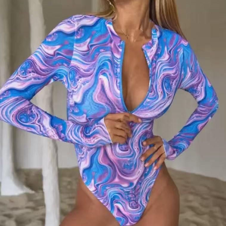 Women's Printed Mesh Zipper Long Sleeve One-Piece Swimsuit