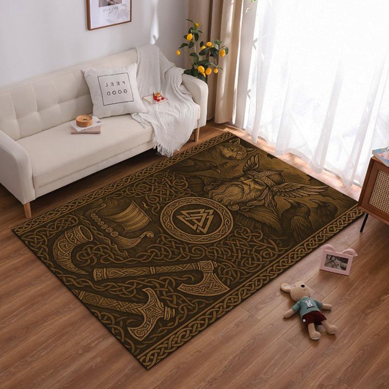 

Nordic Viking-Inspired Carpet with Axes, Helm Symbol, and Knot Design Suitable for use as an anti-slip for living room bedroom sofas 40x60cm( 15x23in )