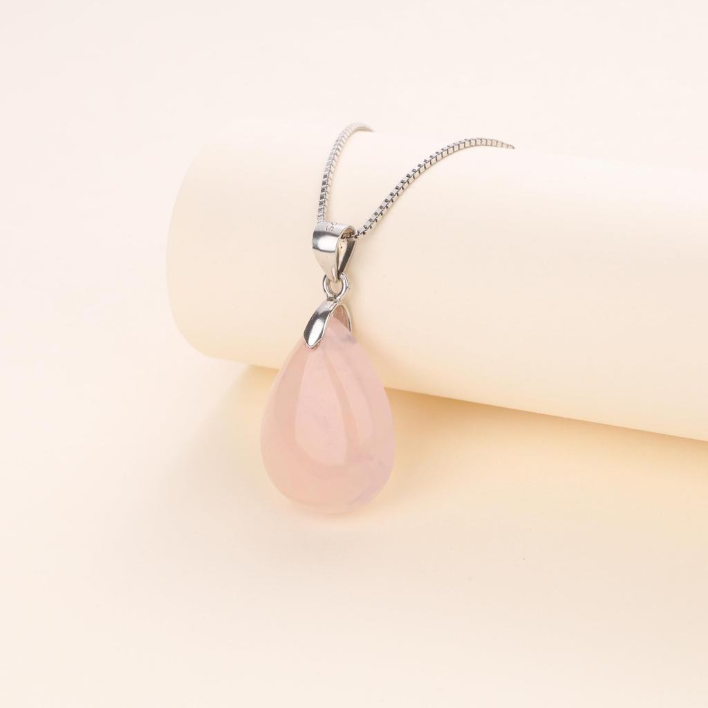 [KOAI] Teardrop Rose Quartz 925 Silver Chain Teardrop Water Droplet Love Fulfillment Lucky Charm Pendant Necklace for Women