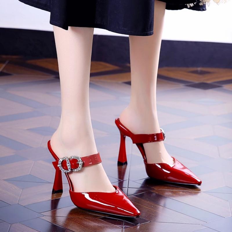 Fashion High Heel Baotou Sandals Women's Summer Patent Leather Pointed Toe Shallow Slip Rhinestone Buckle Stiletto Half Slippers
