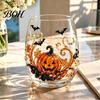 Modern Glass Tumbler Halloween Artisan Glassware, Stemless Drinking Glasses with Raised Pumpkin Ghost Black Cat Web Large Capacity Beverage