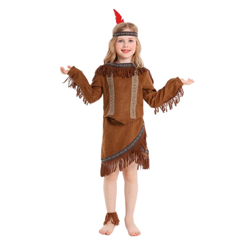 

5 шт. Этнический наряд вождя для детей, для ролевых игр, украшения, маскарадные костюмы, детский костюм, для девочек, с аксессуаром S темно-коричневого
