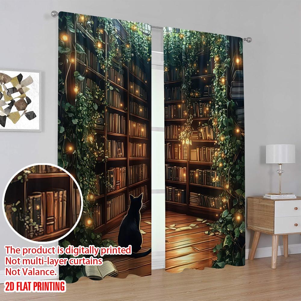 2D Flat Printing 2pcs Window Drapes Black Cat Protecting Privacy Holiday Decorations Suitable for Holiday Parties, Home Decor