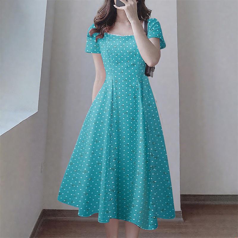 

ZANZEA Женское повседневное платье с принтом, квадратным вырезом и короткими рукавами, со вставками из кружева L синий