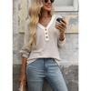 2025 New Women's V-neck Button Pullover Splicing Casual Long-sleeved Color-blocked T-shirt