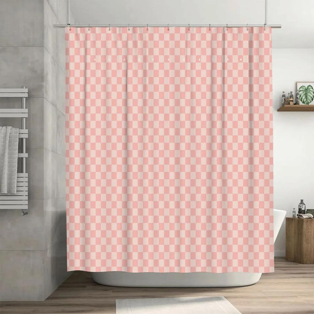 Stylish Shower Curtain Checkerboard Pattern Waterproof Fabric Bathroom Decor Farmhouse Modern Vintage Shower Liner Set