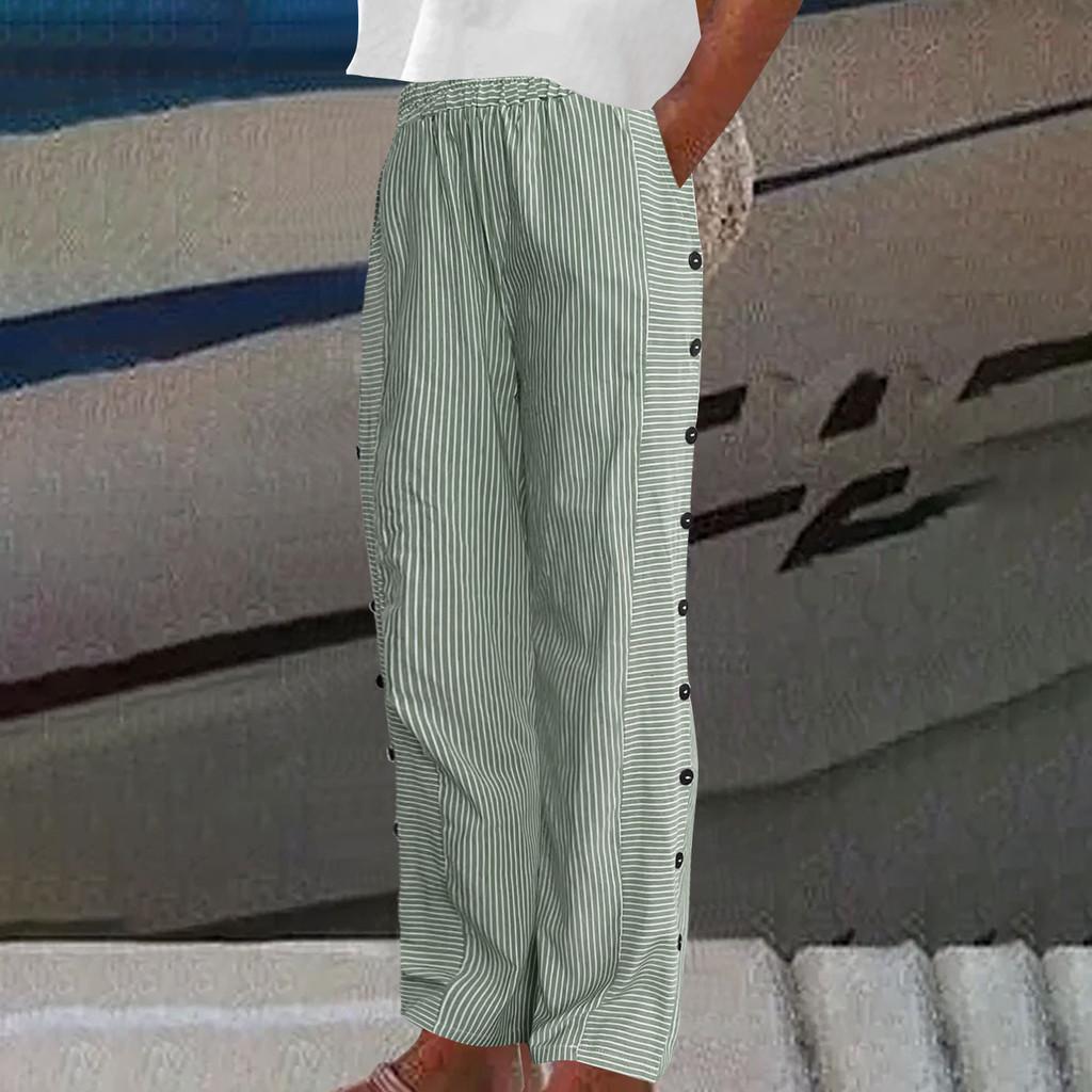 Stripes Cotton Womens Slim Fit Pants With Micro Stretch For Casual Summer Wear