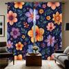2pcs Floral Curtain Panels - Dark Blue Window Drapes with Orange, Purple, Blue Flowers - Semi-Sheer Light Filtering Window Treat