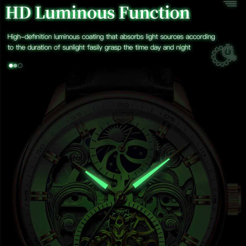 JINSHIDUN Ny forretnings- og fritidsklokke for herremote Hollow Moon Phase Vanntett lysende mekanisk klokke High-end herreklokke