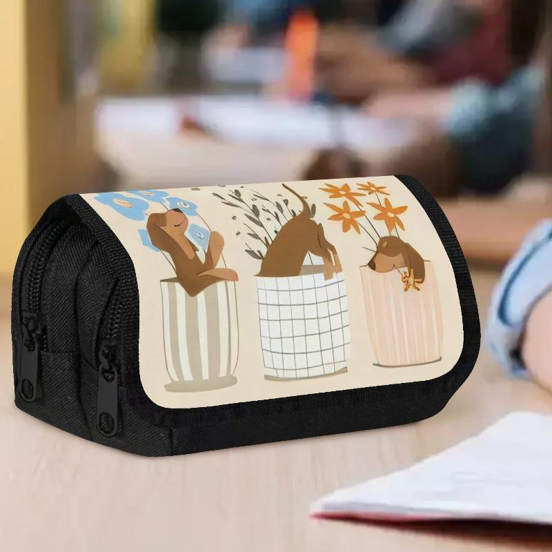 1pc Double Layer Flip Pencil Case - Dachshunds In Planters, Large Capacity, Portable Polyester Pen Storage Bag with Zipper Closure, Ideal for School &