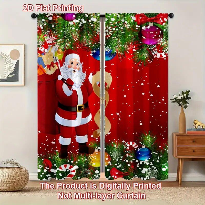 

Set Of 2 Christmas Santa Claus Printed Curtains Lamp Post Bag Home Decoration Room Curtain Made Polyester W100*H70(CM)-Hooks&1PCS