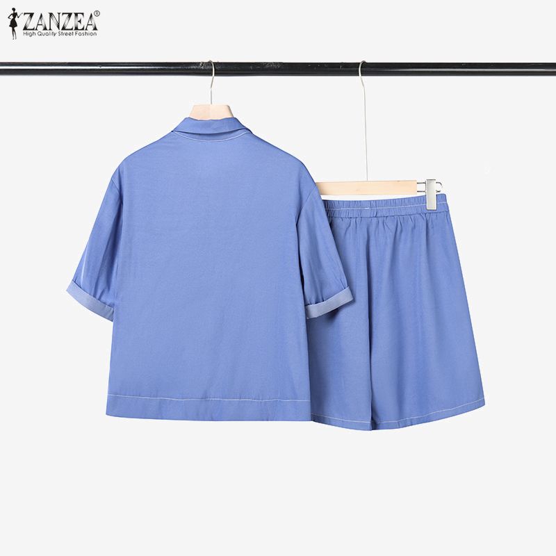 ZANZEA Kadın Kısa Kollu Bluz ve Şort Rahat İki Parça Takım Elbise Setleri
