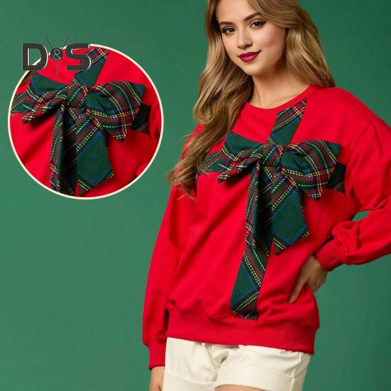 Christmas Hoodie Women O-Neck Long Sleeve Plaid Print Bowknot Decor Sport Tops Loose Fit Casual Pullover Tops