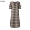 ZANZEA Womens Plaid Maxi Dress Casual V Neck Short Puff Sleeve Side Slit Vintage Loose Long Dresses