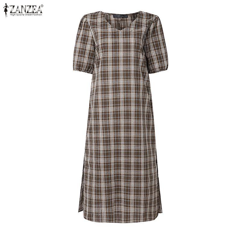 ZANZEA Womens Plaid Maxi Dress Casual V Neck Short Puff Sleeve Side Slit Vintage Loose Long Dresses