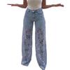 Dames Jeans med blonde-lapper, avslappet baggy rett vidde, denimbukser med middels høy midje, blomstermønster, uthulede jeans