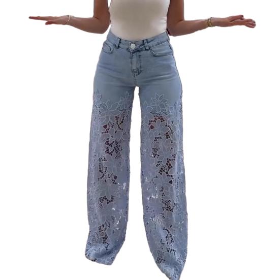 Dames Jeans med blonde-lapper, avslappet baggy rett vidde, denimbukser med middels høy midje, blomstermønster, uthulede jeans
