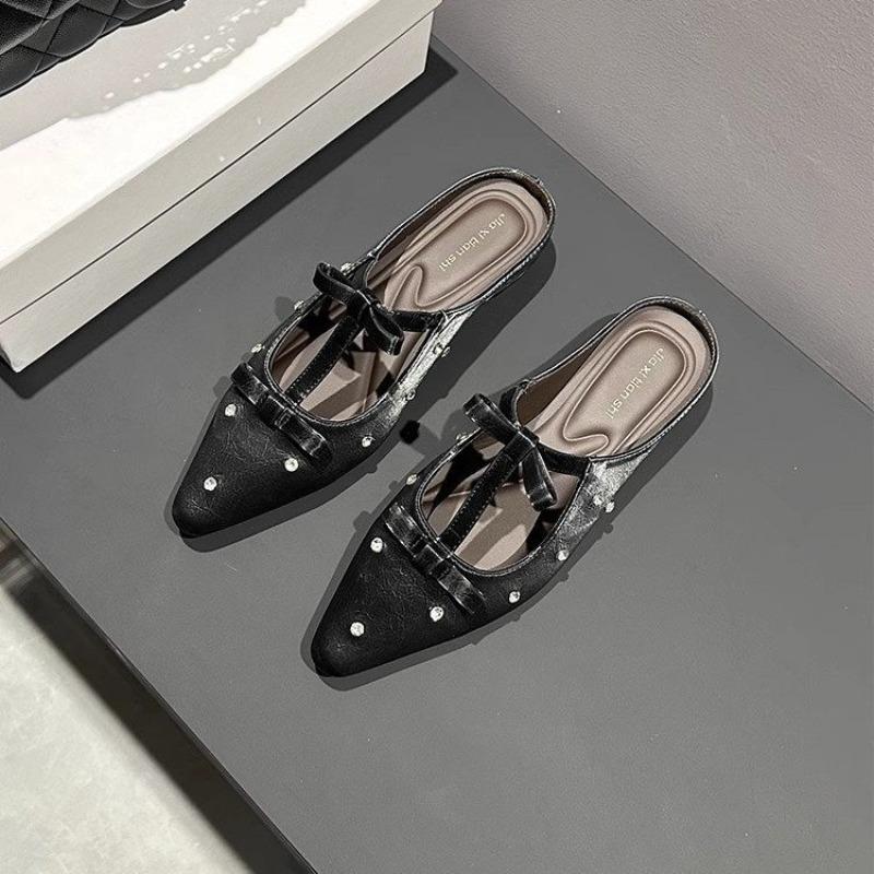 Fashion New Style Popular Rivet Pointed Thin Heel Baotou Half Slipper Female Middle Heel Shallow Mouth Lazy Mueller Shoes Zapatos Mujer