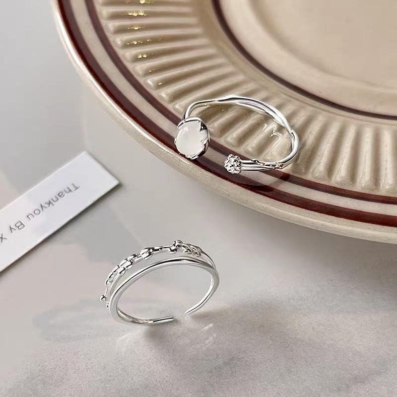 Damen 925 Sterling Silber Mondstein Offener Ring - High-End Light Luxury Zweilagiger Bandring