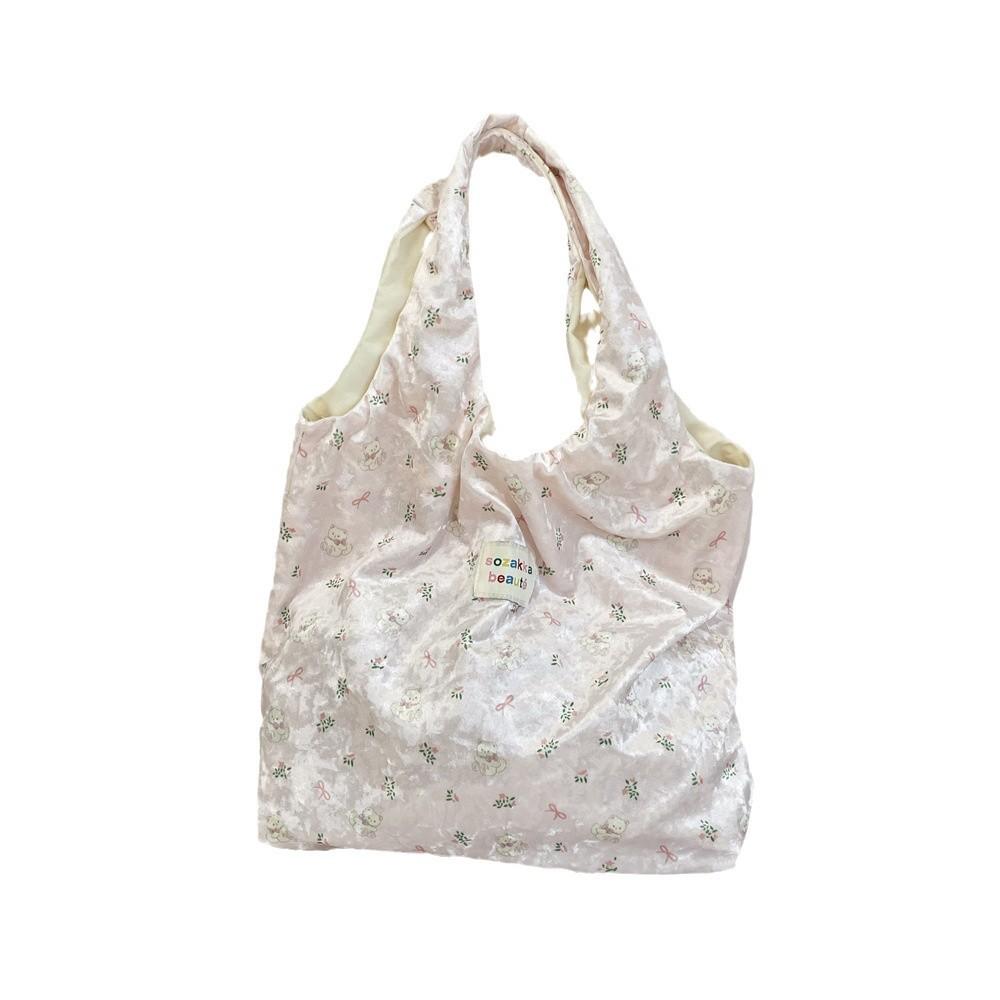 Fashionable Finish Pearl Bear Motif Silk Shoulder Bag With Spacious Design For Daily Outings