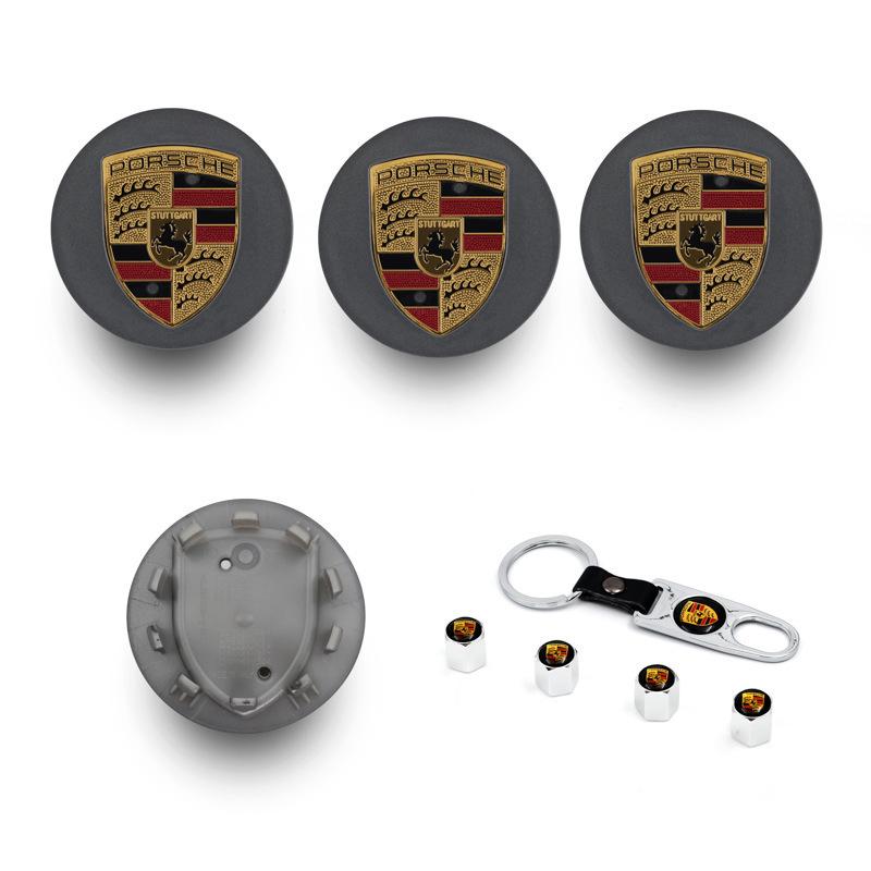 Compatible Porsche Wheel Hub Center Caps: 76mm & 65mm in Gloss Black, Bright Silver, Matte Silver, and Gray.