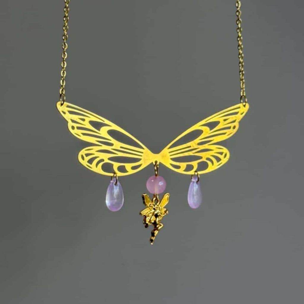 Gold Butterfly Wing Necklace for Women - Fairy Crystal Goddess Pendant Original Design Jewelry