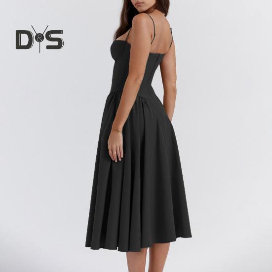 Damklänning Lågskuren spaghettirem Rygglös Ärmlös A-linje Big Swing Ren färg Smal midja Plisserad Cocktailparty Bal midiklänning