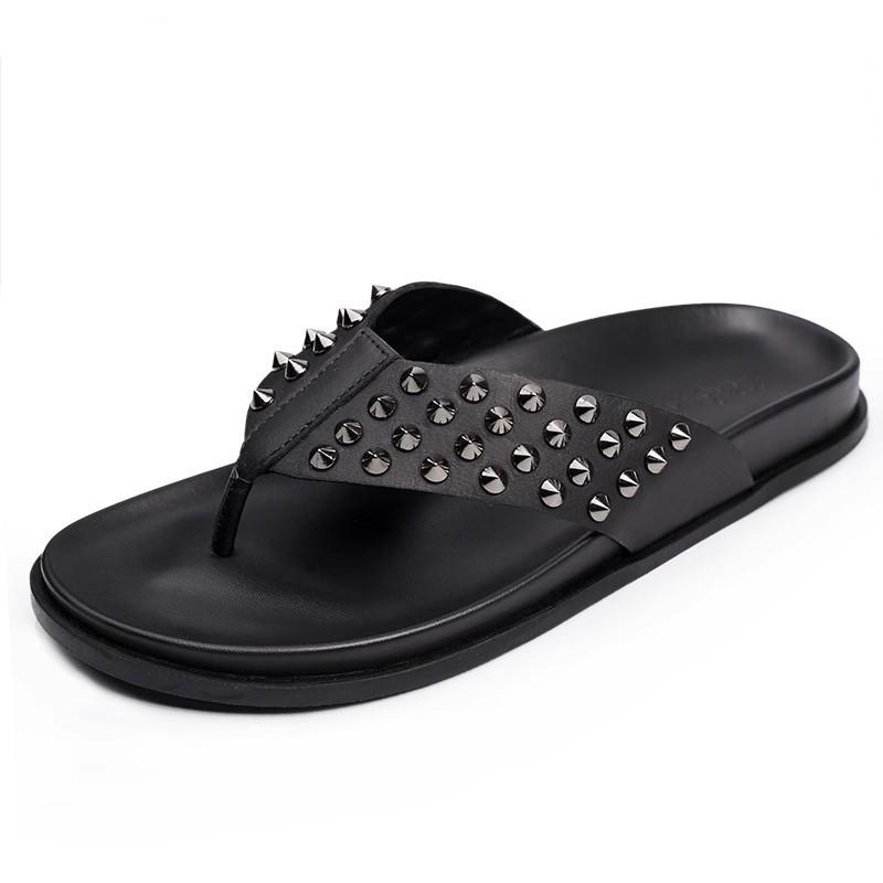 

Модная мужская обувь-шлепанцы из натуральной кожи черного цвета с заклепками, на плоской подошве, слипоны, мужские, для улицы, пляжа, отдыха, сандалии 38 чёрный