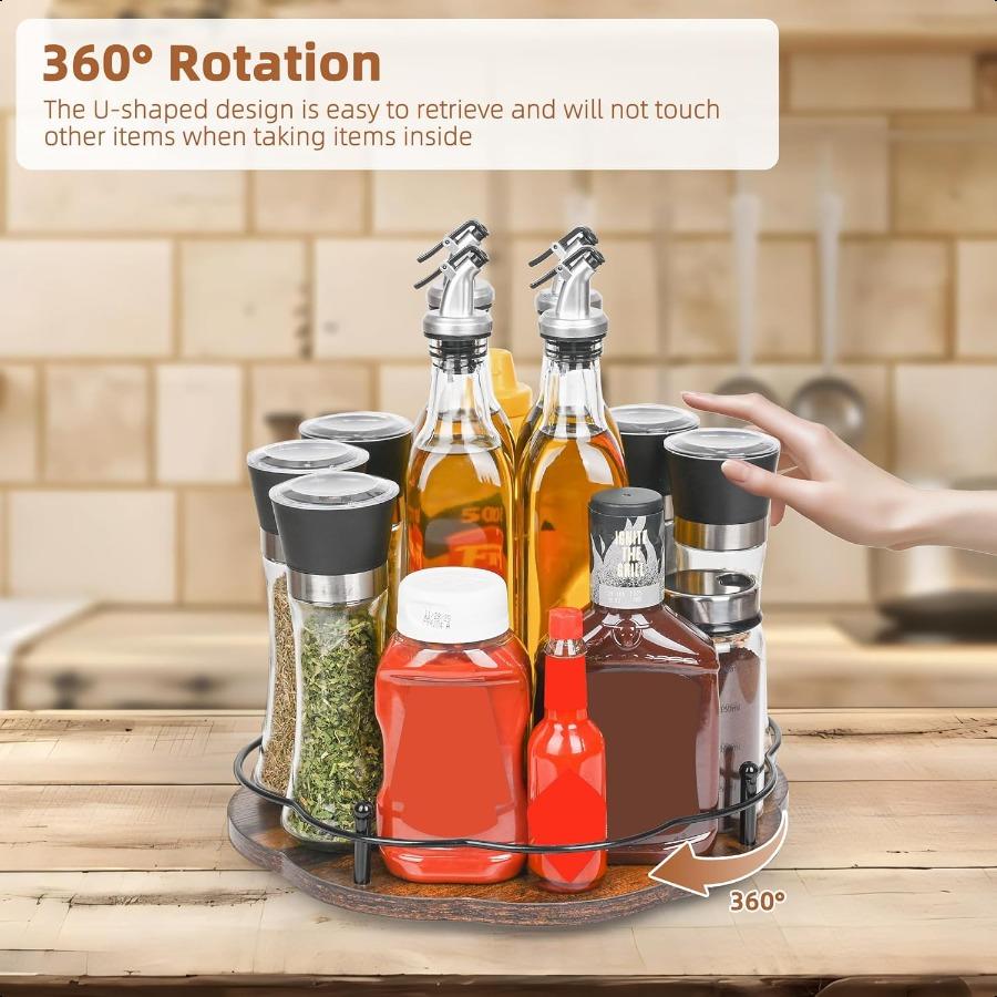 

Одноярусный органайзер для специй 12 дюймов Деревянная вращающаяся подставка для компактного хранения на столешнице и в шкафу Вращение на 360 градусов Нескользящий S United States