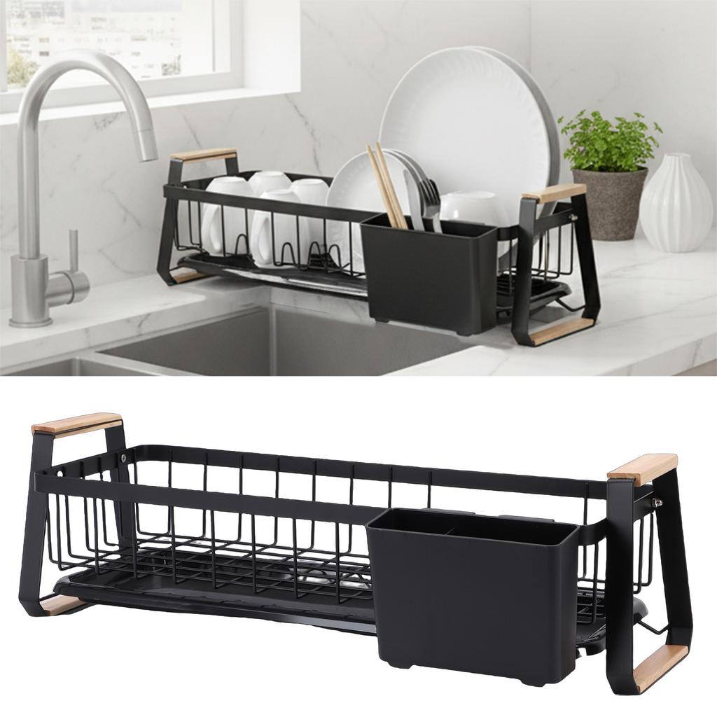 Dish Rack and Drain Board Kitchen Plate Cup Dish Drying Rack Tray Cutlery Dish Drainer with Wood Handle