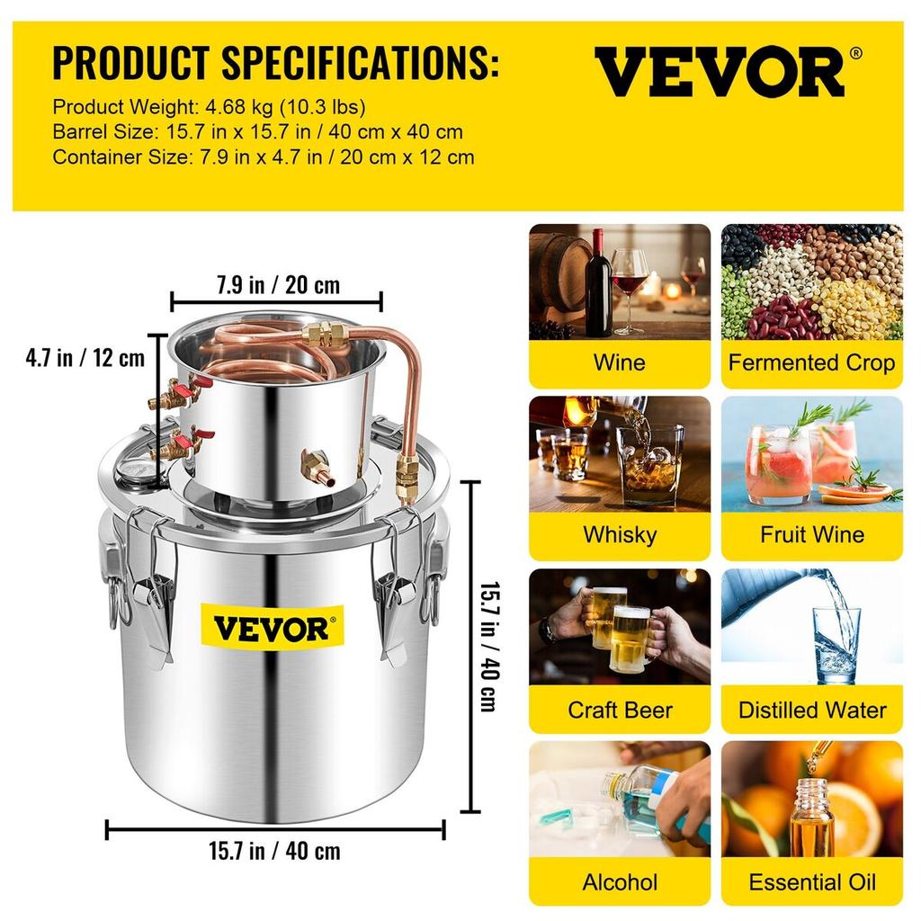 Alcohol Still, 50L Stainless Steel Water Alcohol Distiller W/ Condenser, 13.2Gal Wine Making Boiler W/ Copper Tube, Home Brewing Kit W/ Built-in