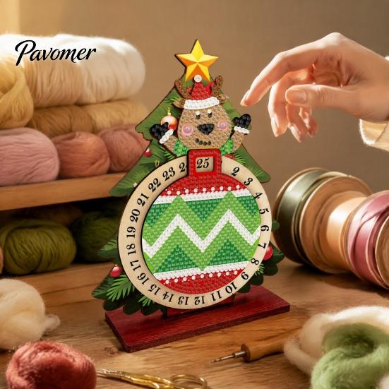 Holiday Countdown Activity Christmas DIY Rhinestone Painting Calendar, 25 Days Rotating Table Decor Tree Advent Wooden Tabletop Ornament for