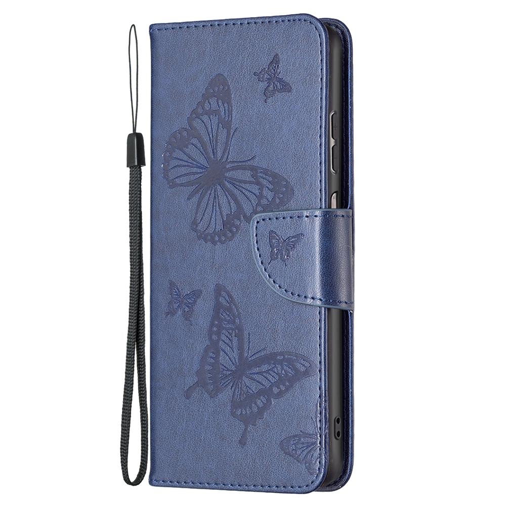 

For Samsung Galaxy A23 4G/5G (Global Version) Butterfly Imprinted Phone Case Anti-Drop PU Leather Wallet Stand Cover with Hand Strap Rose Gold