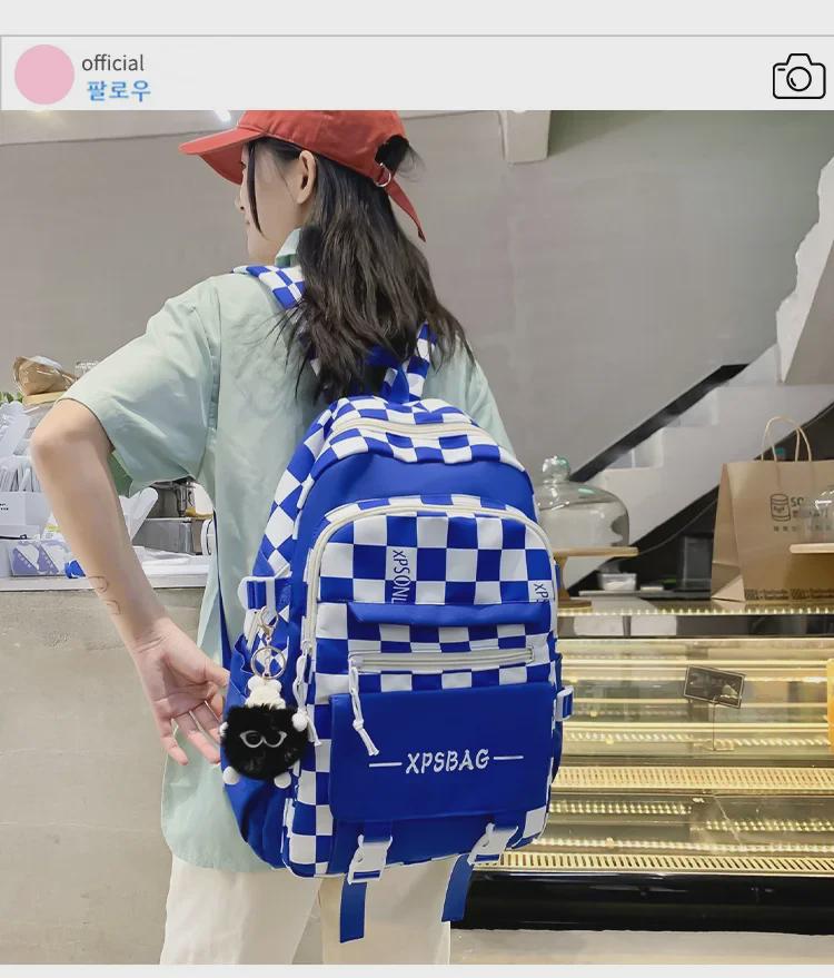 Korejský styl kostkovaný batohový set pro studenty a cestování