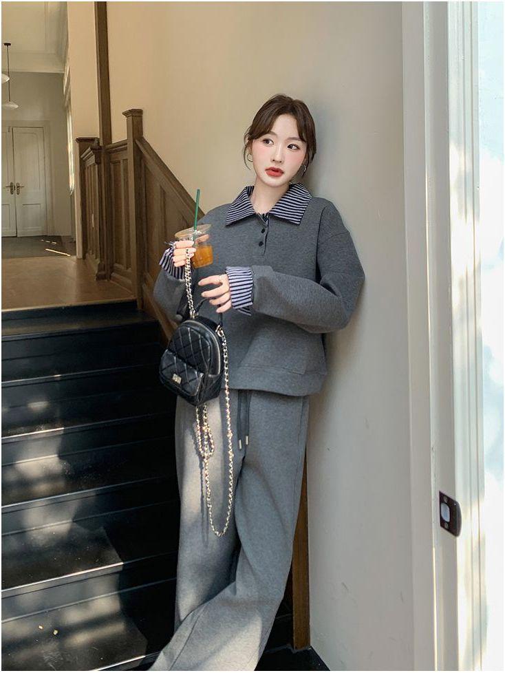Early Autumn Slimming Two-Piece Set: Polo Collar Hoodie & Sweatpants - Cotton Casual Sport, Loose & Thin Fit