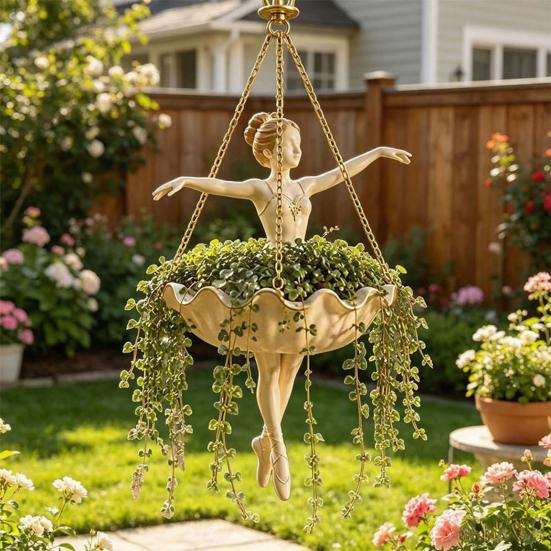 Housewarming Gift for Gardeners Fairy Ballet Dancer Mermaid Hanging Planter, Resin Decorative Flower Pot with Metal Chain, Balcony Outdoor Indoor