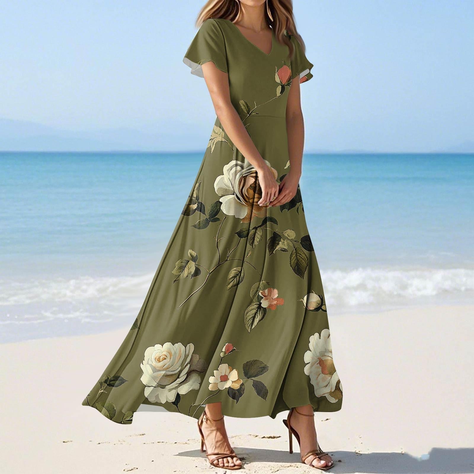 

Жіночі літні модні повсякденні сукні з квітковим принтом Сукні з V-подібним вирізом і короткими рукавами L