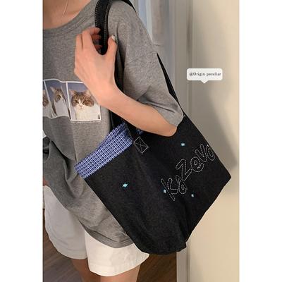 Denim Letter Embroidery Shoulder Tote Bag  Large Capacity Bag Casual Lazy Wind Canvas Bag