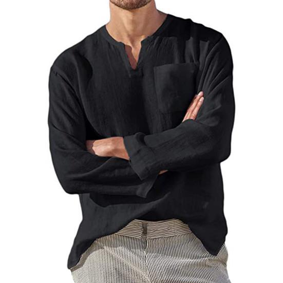 Spring Autumn Men Shirt Solid Color Loose Pocket Top Beach Shirt for Daily Wear
