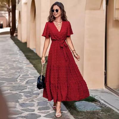 New Boho Swiss Dot Maxi Dress for Women, V Neck Flowy Short Sleeve Tie Waist A Line Long Dress