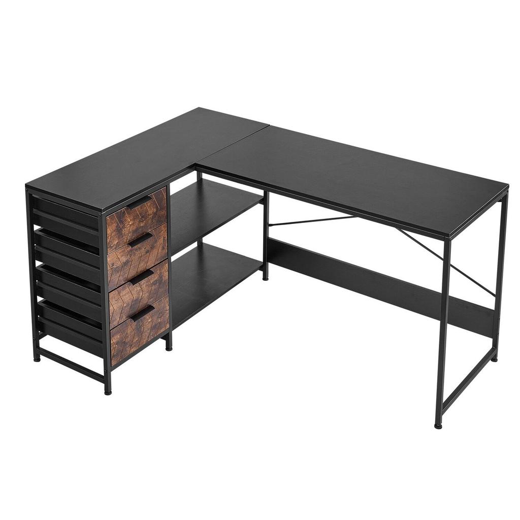L-Shaped Computer Desk, 1.5m Reversible Corner Gaming Desk with Drawers & Storage Shelves, Modern Stylish PC Table Sturdy Work Workstation for Home