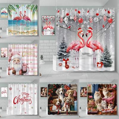 GAEChristmas Shower Curtain Pink Snowman Santa Claus Animal Christmas Tree Deer Flamingo Cat Dog Christmas Ball Bathroom Decor