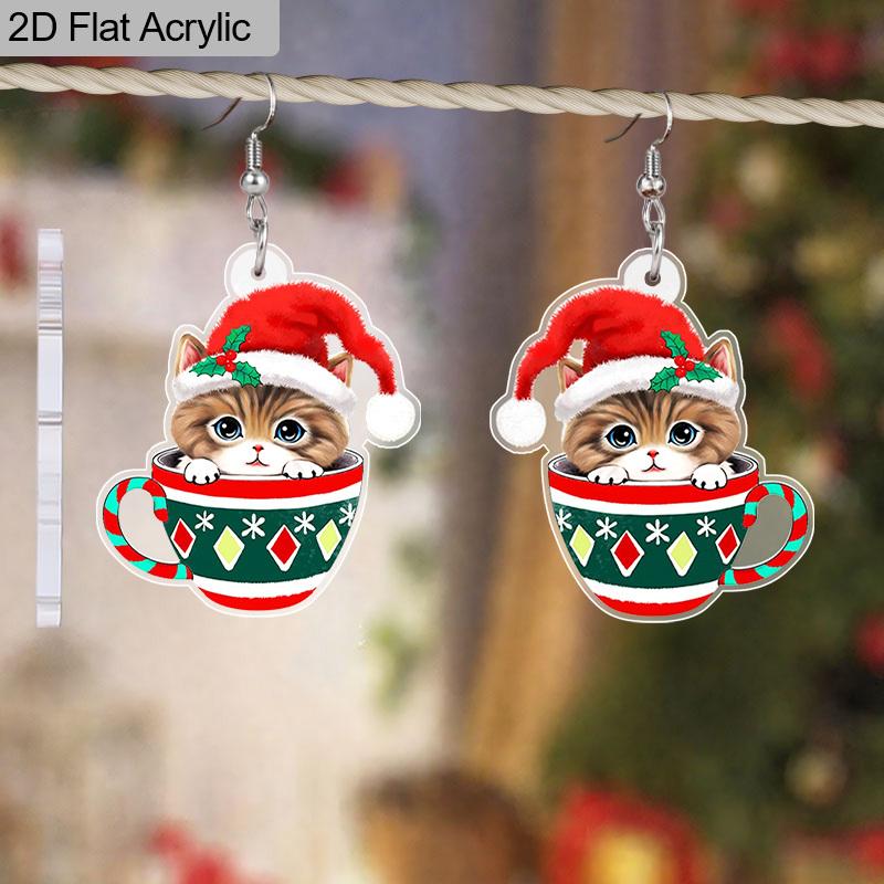 2D Flat Christmas-themed Women's Dangling Earrings, Colorful Christmas Earrings, Christmas Hat Cup Cat, Christmas Party Jewelry Gifts