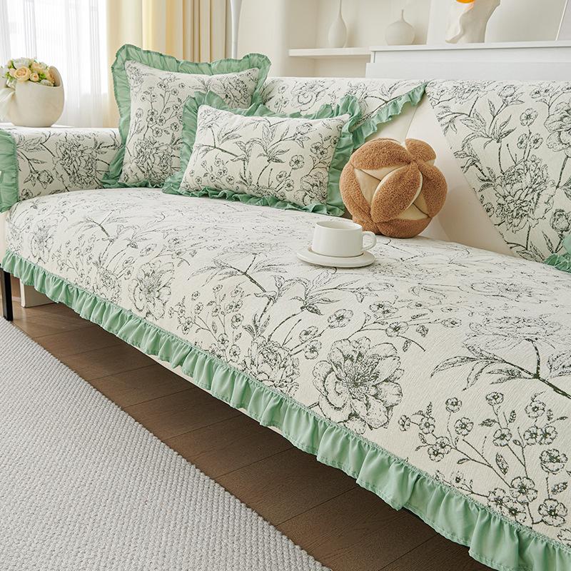 Chenier Skirt Sofa Cushion, All-Season Non-Slip Seat Cushion, Living Room Straight Row Sofa Armrest Cover Cloth Towel Cross-Border