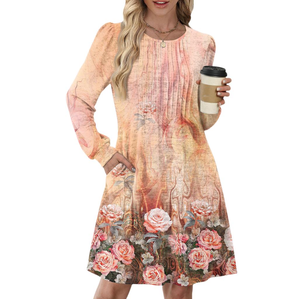 Women's Long Sleeve Pleated Round Neck Vintage Floral Print Casual Dress With Pockets