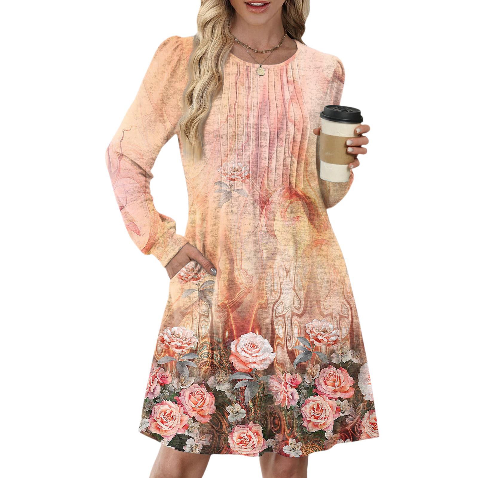 

Женское повседневное платье с длинным рукавом, плиссировкой, круглым вырезом, винтажным цветочным принтом и карманами XL оранжевый