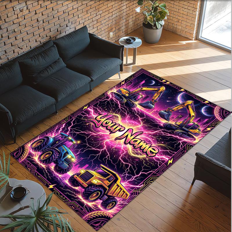 Construction Vehicles Theme Crystal Velvet Rug Personalized Custom Name Text Soft Floor Mat Home Decor