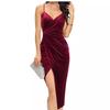European and American women's clothing, golden velvet suspender medium and long dress with split ends and bronzing sexy nightclub evening dress