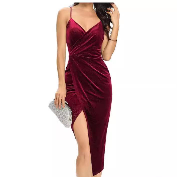 European and American women's clothing, golden velvet suspender medium and long dress with split ends and bronzing sexy nightclub evening dress