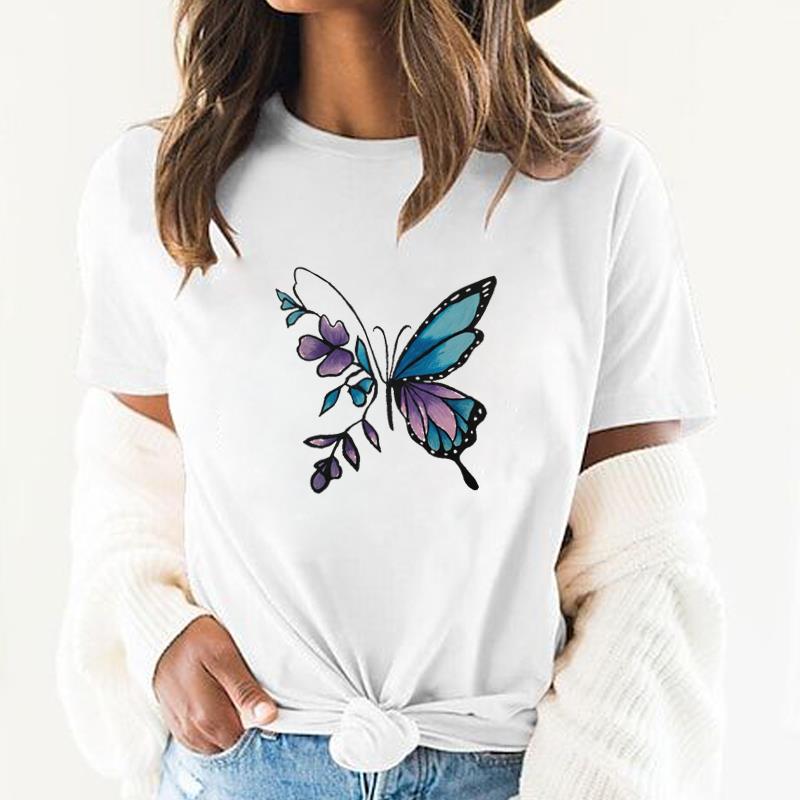 

Футболка с графическим принтом азиатского размера, повседневная футболка с бабочкой и цветком, милая женская женская футболка, летняя модная футболка с коротким рукавом